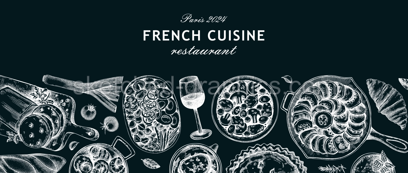 French cuisine restaurant banner. Traditional food from France sketches on chalkboard. European food background, menu design template. Hand-drawn fvector illustration, NOT AI generated Illustration